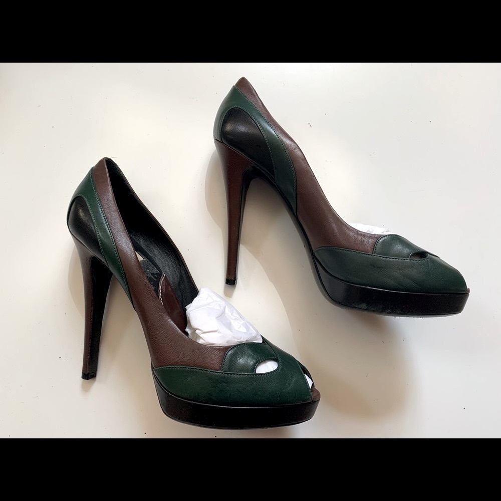 Kenzo green brown leather open toe pumps heels 40